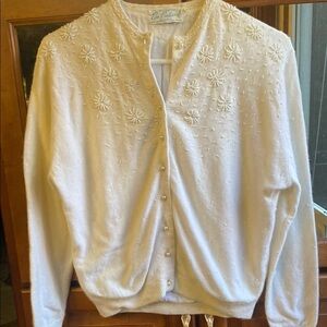 Vintage Lambs Wool White Embellished Cardigan Sweater S/M Quiet Luxury Fall